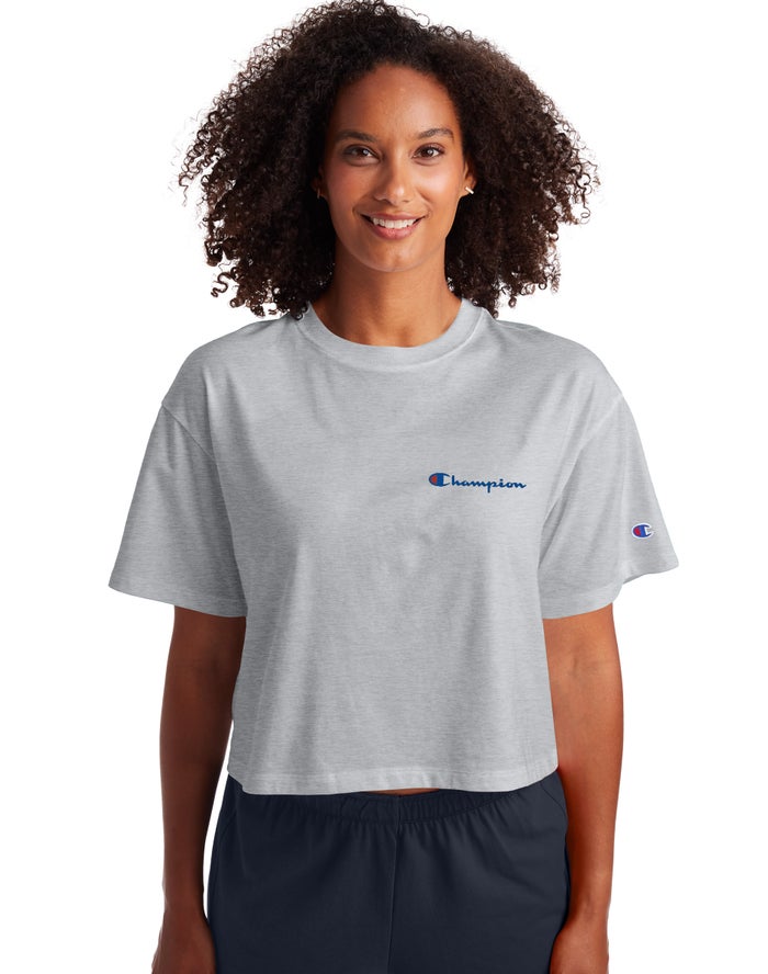 Champion Cropped Script Logo T-Shirt Dames - Grijs - Belgie 2087IEDRH